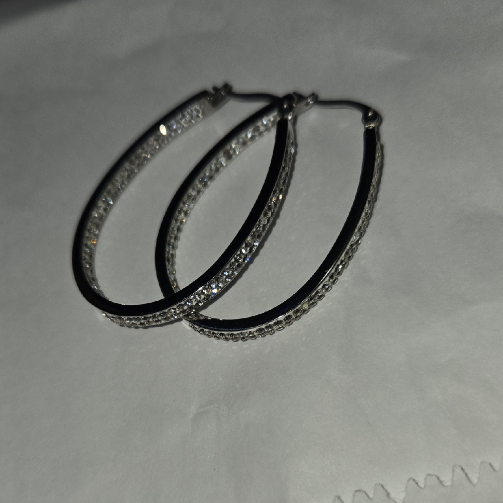 Stamped Elegant Stainless Steel Silver and Crystals Hoop Earrings